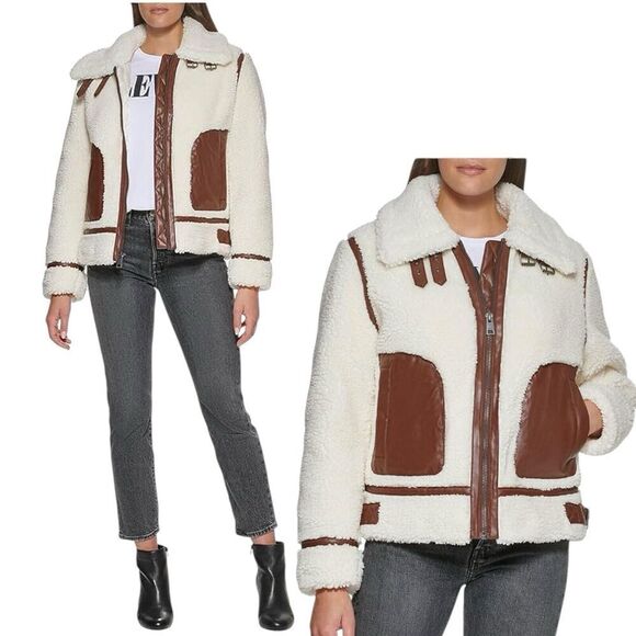 Levis Jacket WMNS 2X Cream Faux Sherpa Full Zip Brown Teddy Moto High Neck Cozy - Picture 5 of 15